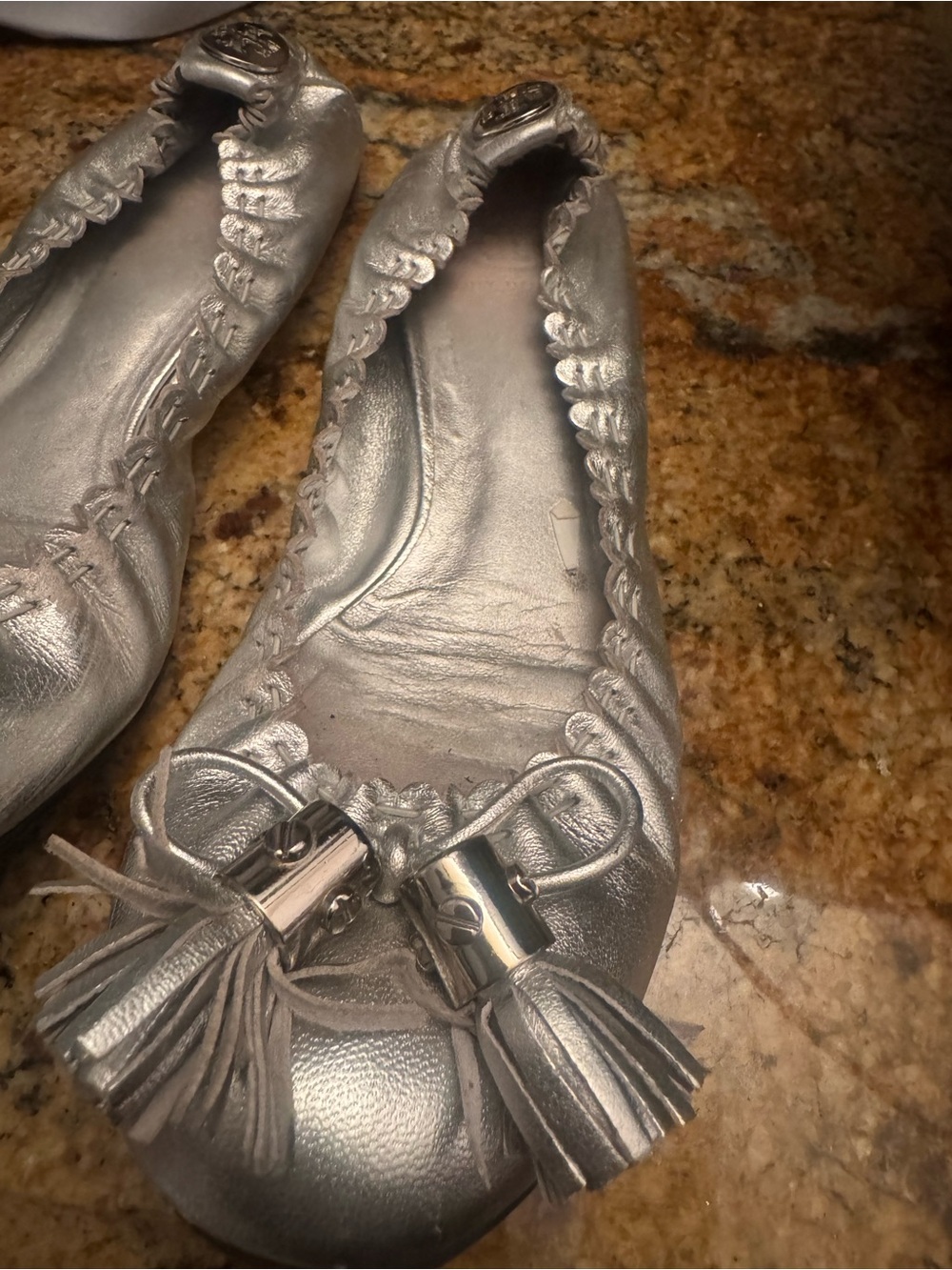 Tory Burch Metallic Silver Tassel Ballet Flats